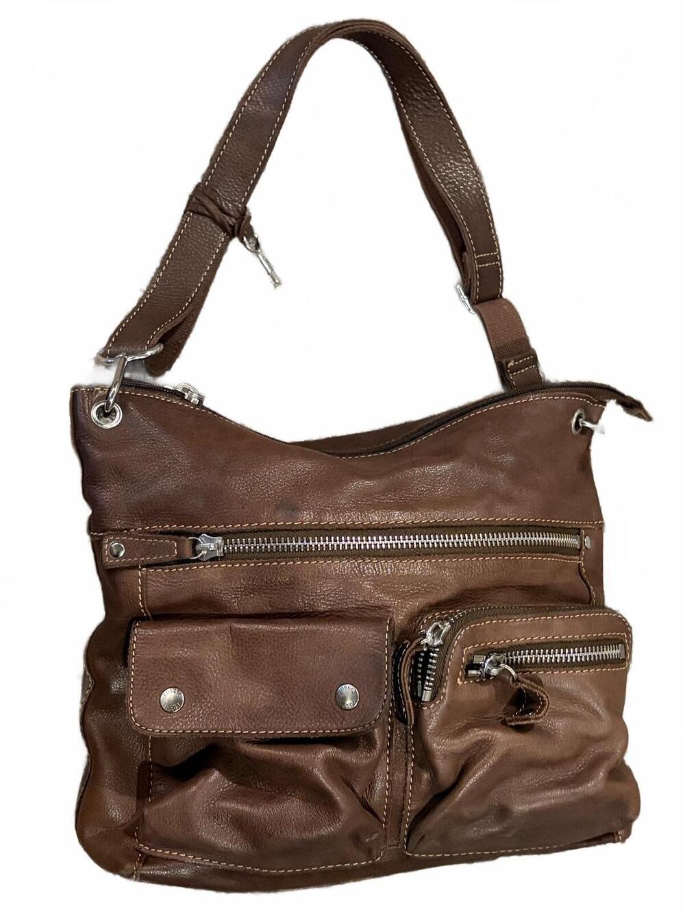 Fossil Y2K Brown Medium Leather Crossbody Bag Adjustable Strap Multi Pockets